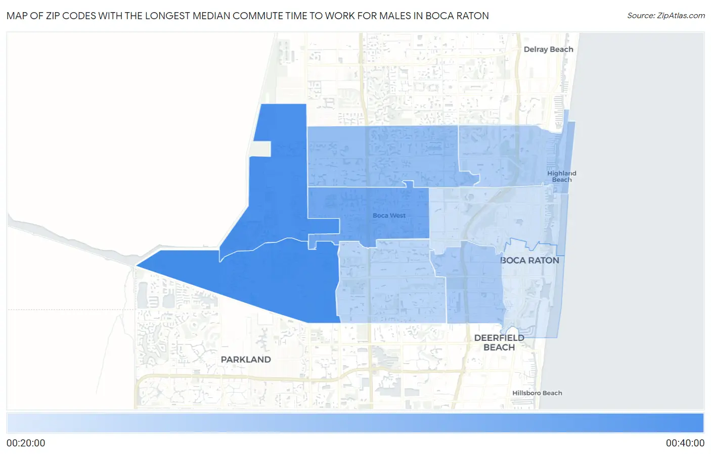 Zip Codes with the Longest Median Commute Time to Work for Males in Boca Raton Map