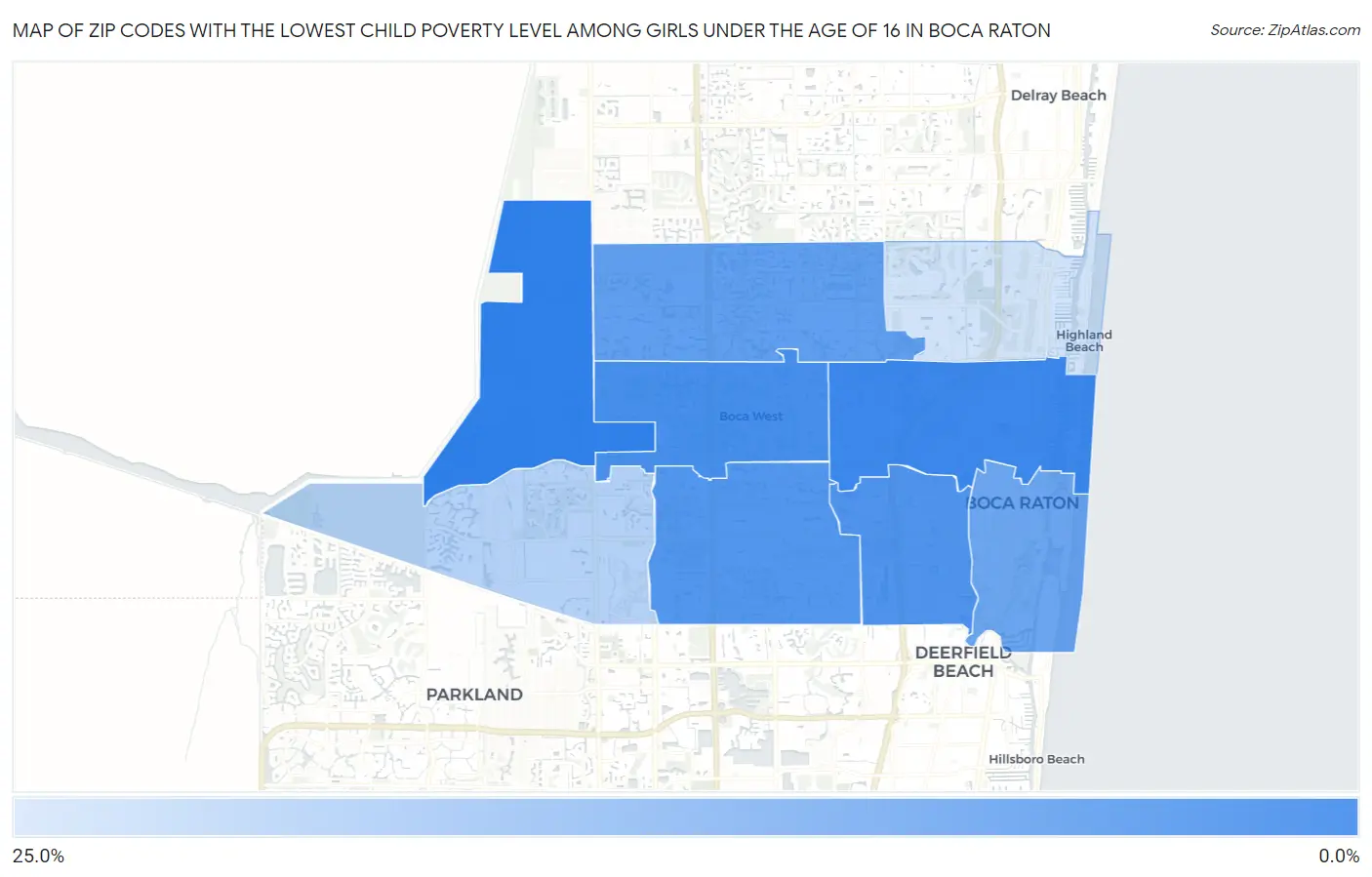 Zip Codes with the Lowest Child Poverty Level Among Girls Under the Age of 16 in Boca Raton Map