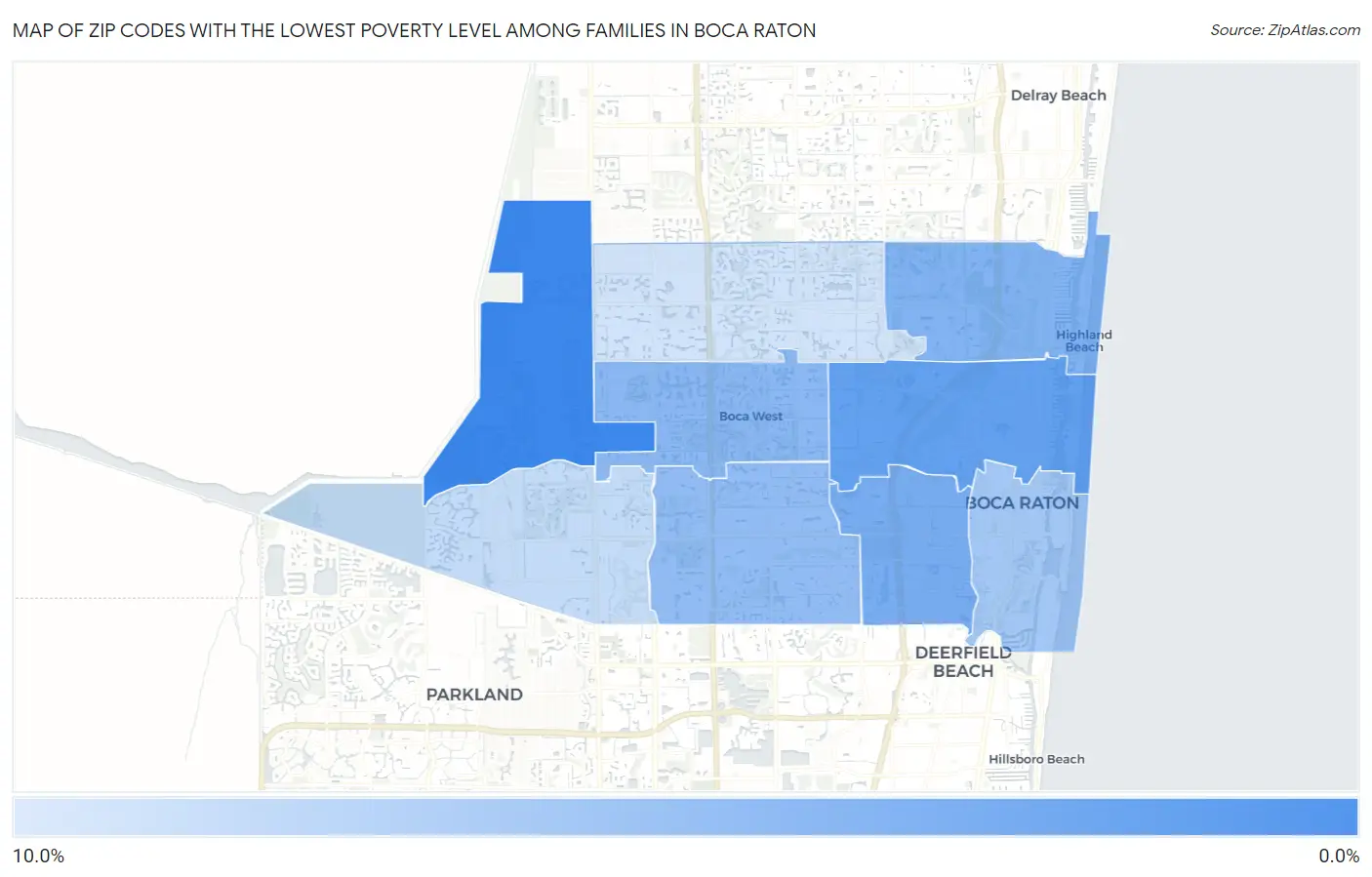 Zip Codes with the Lowest Poverty Level Among Families in Boca Raton Map