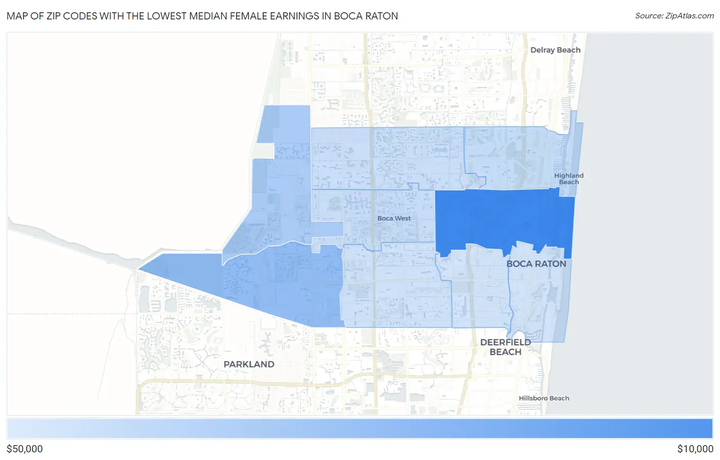 Zip Codes with the Lowest Median Female Earnings in Boca Raton Map