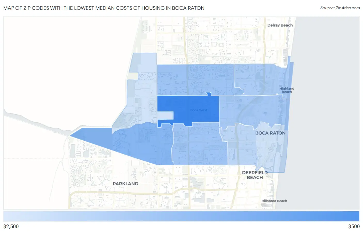 Zip Codes with the Lowest Median Costs of Housing in Boca Raton Map