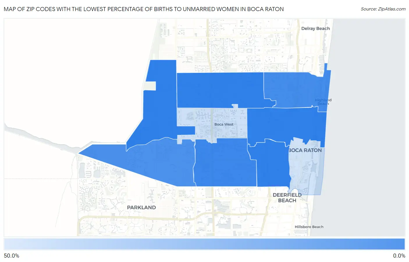 Zip Codes with the Lowest Percentage of Births to Unmarried Women in Boca Raton Map