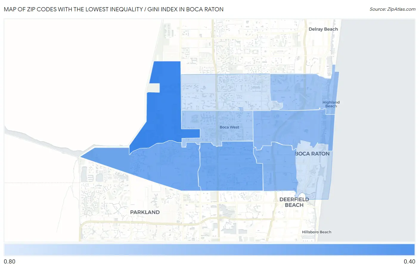 Zip Codes with the Lowest Inequality / Gini Index in Boca Raton Map