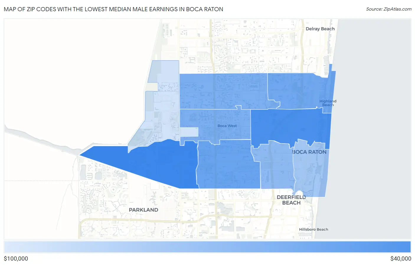 Zip Codes with the Lowest Median Male Earnings in Boca Raton Map