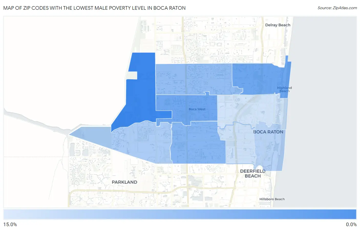 Zip Codes with the Lowest Male Poverty Level in Boca Raton Map
