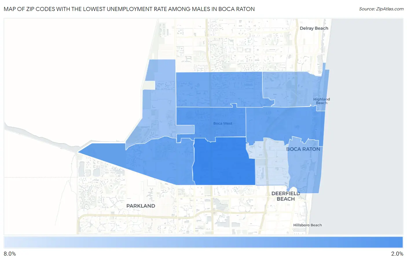 Zip Codes with the Lowest Unemployment Rate Among Males in Boca Raton Map