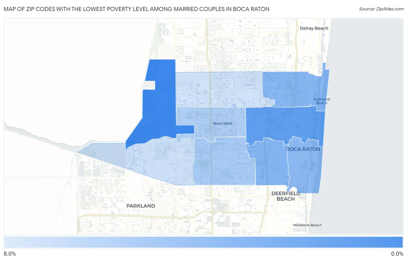 Zip Codes with the Lowest Poverty Level Among Married Couples in Boca Raton Map