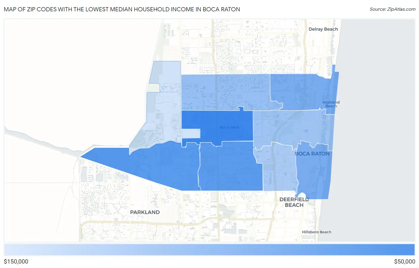 Zip Codes with the Lowest Median Household Income in Boca Raton Map