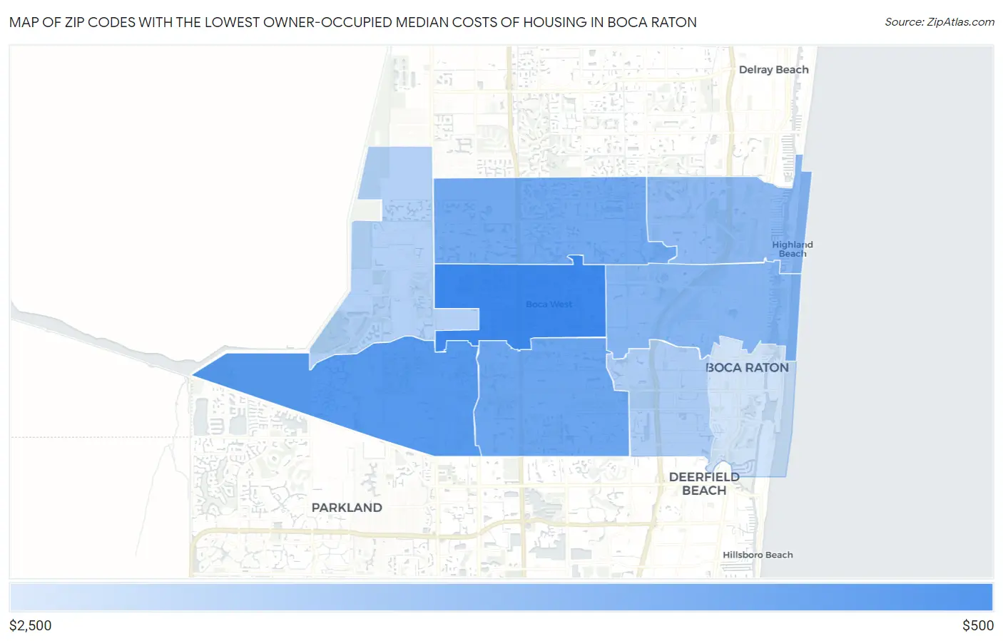 Zip Codes with the Lowest Owner-Occupied Median Costs of Housing in Boca Raton Map