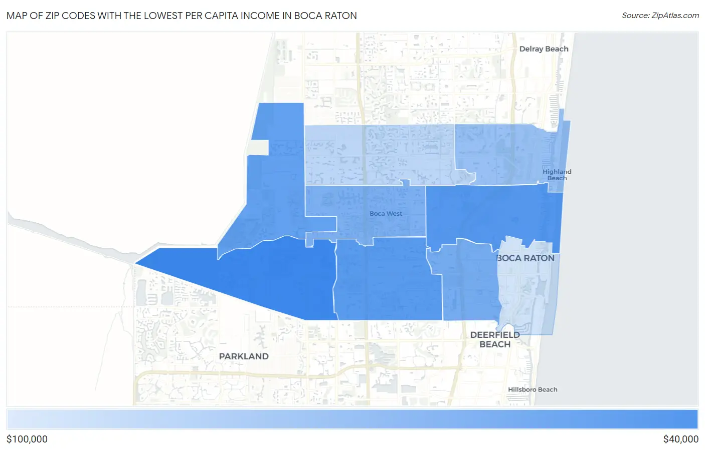 Zip Codes with the Lowest Per Capita Income in Boca Raton Map