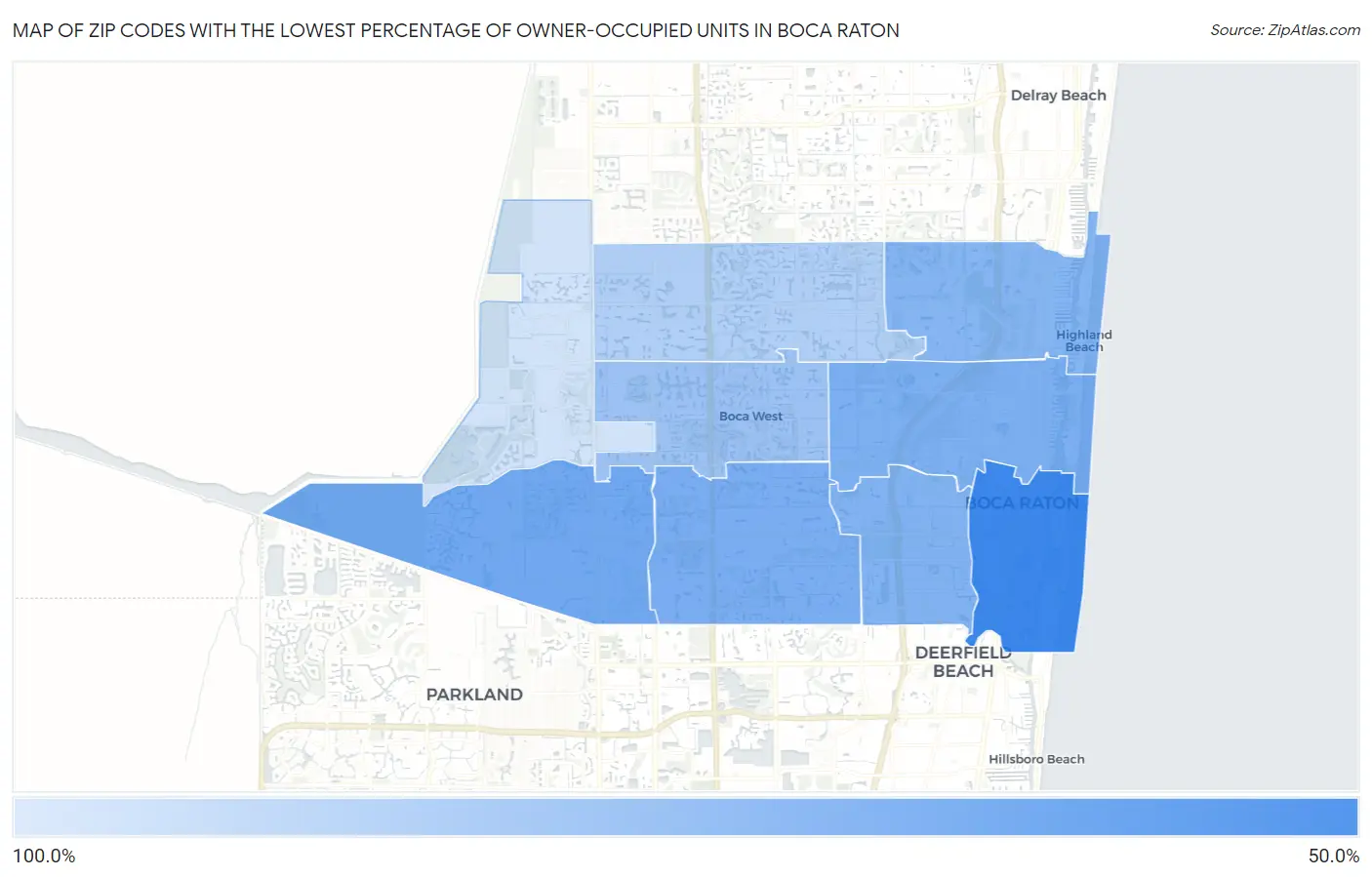 Zip Codes with the Lowest Percentage of Owner-Occupied Units in Boca Raton Map