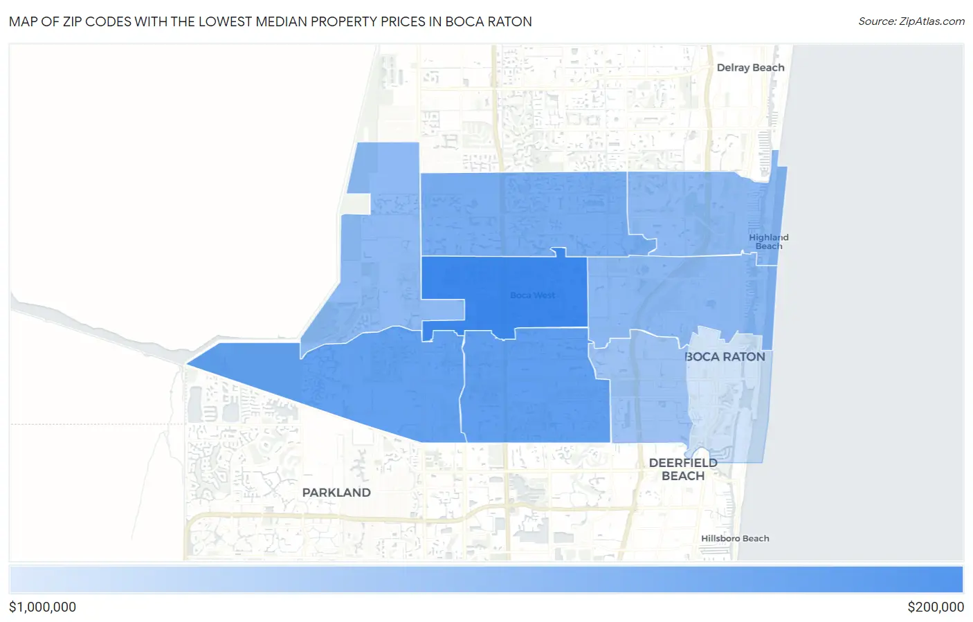 Zip Codes with the Lowest Median Property Prices in Boca Raton Map