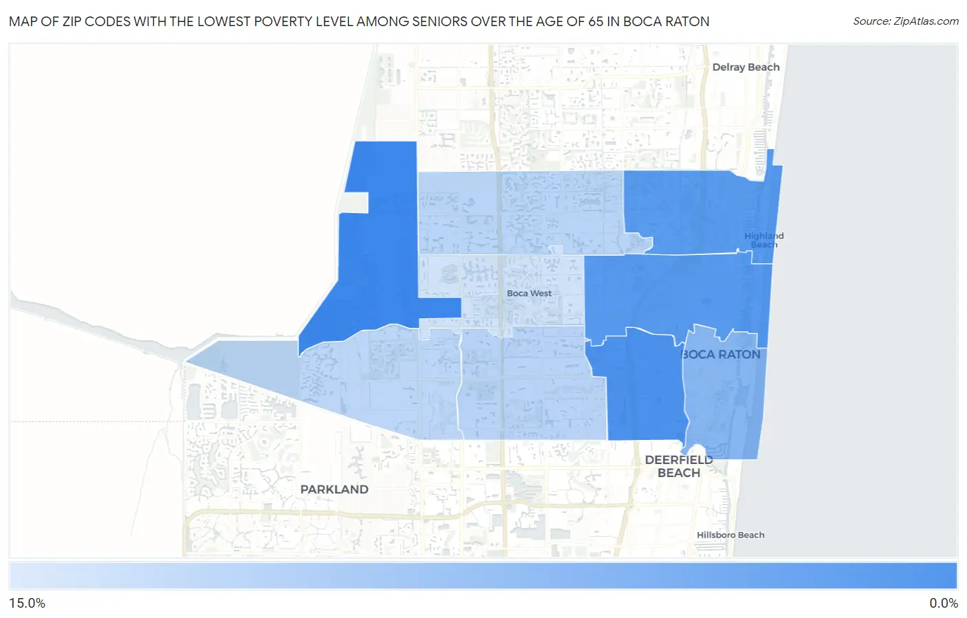 Zip Codes with the Lowest Poverty Level Among Seniors Over the Age of 65 in Boca Raton Map