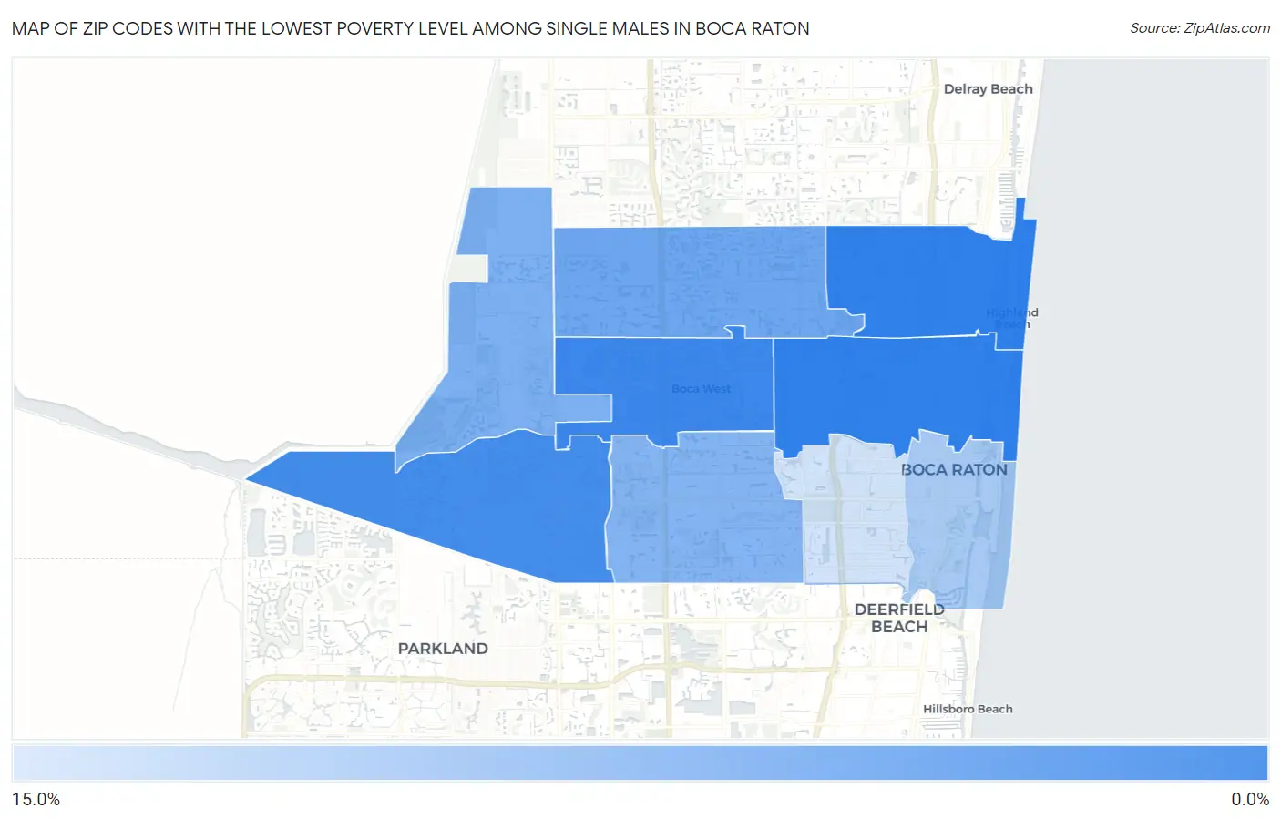Zip Codes with the Lowest Poverty Level Among Single Males in Boca Raton Map