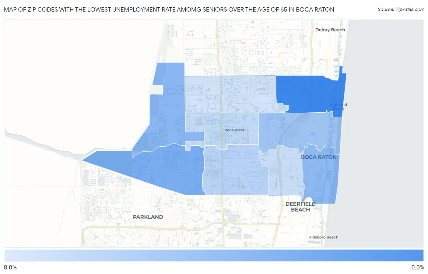 Zip Codes with the Lowest Unemployment Rate Amomg Seniors Over the Age of 65 in Boca Raton Map
