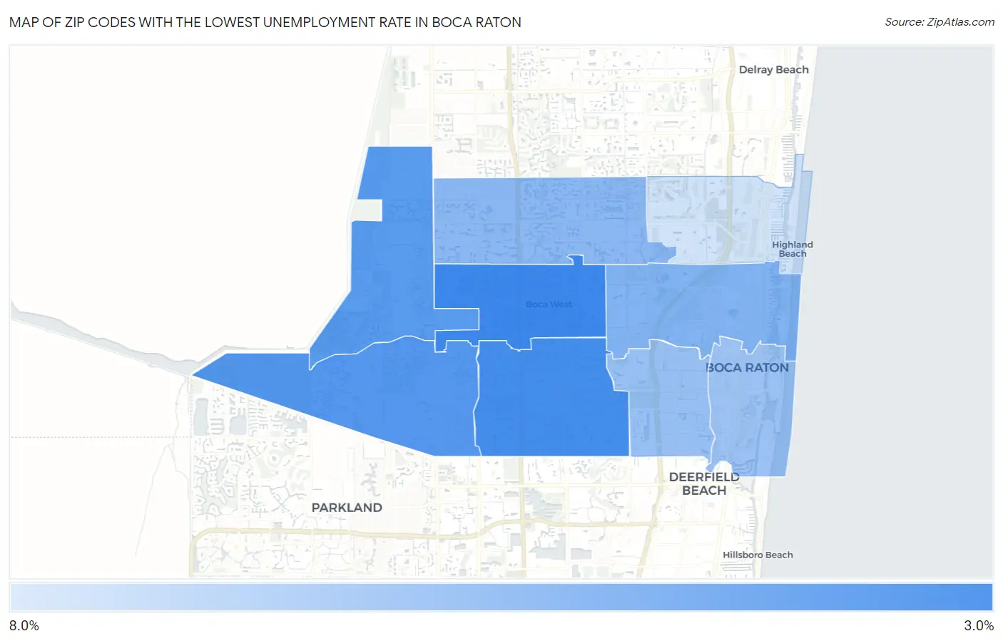 Zip Codes with the Lowest Unemployment Rate in Boca Raton Map