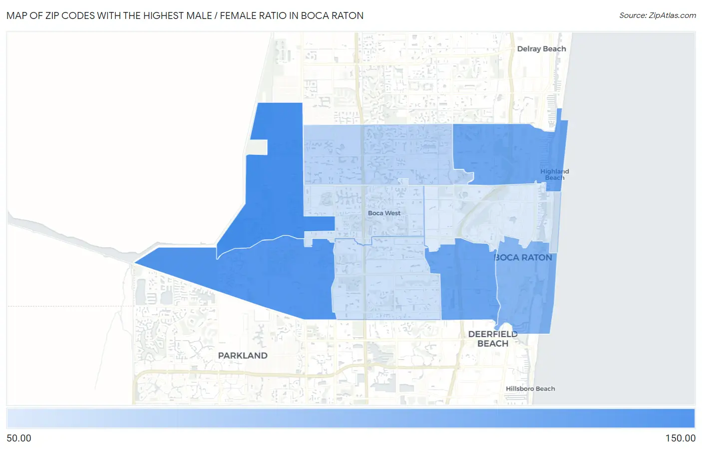Zip Codes with the Highest Male / Female Ratio in Boca Raton Map