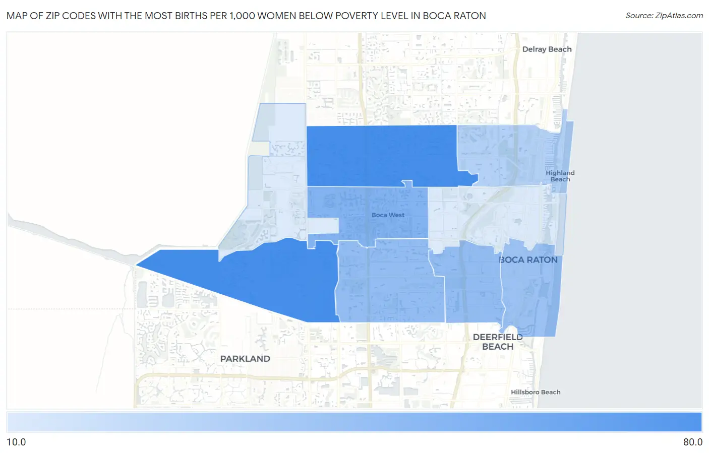 Zip Codes with the Most Births per 1,000 Women Below Poverty Level in Boca Raton Map