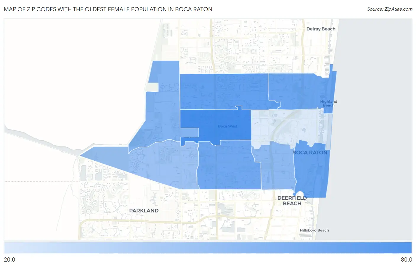 Zip Codes with the Oldest Female Population in Boca Raton Map