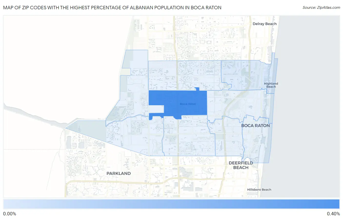 Zip Codes with the Highest Percentage of Albanian Population in Boca Raton Map
