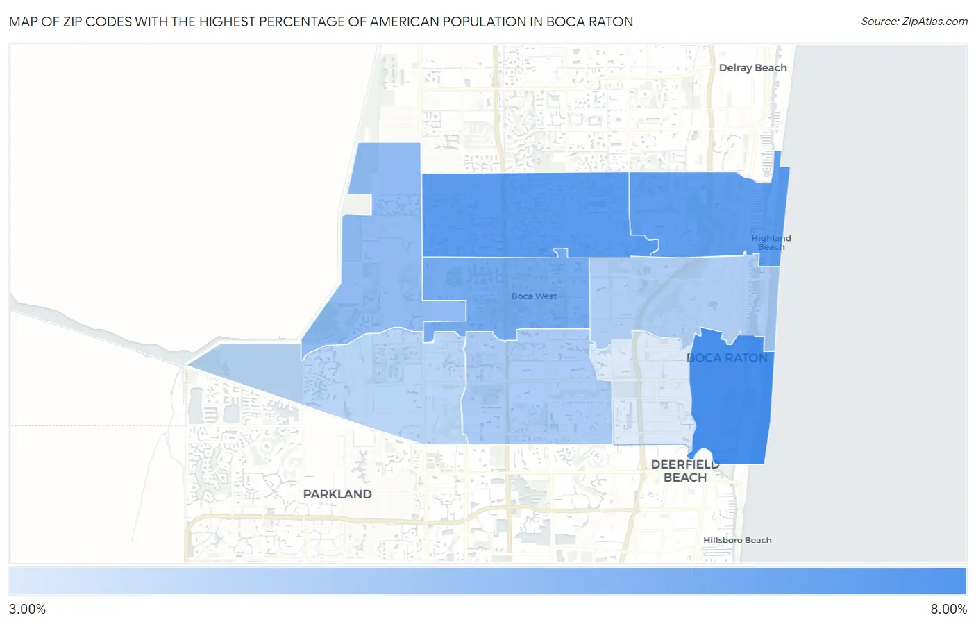 Zip Codes with the Highest Percentage of American Population in Boca Raton Map