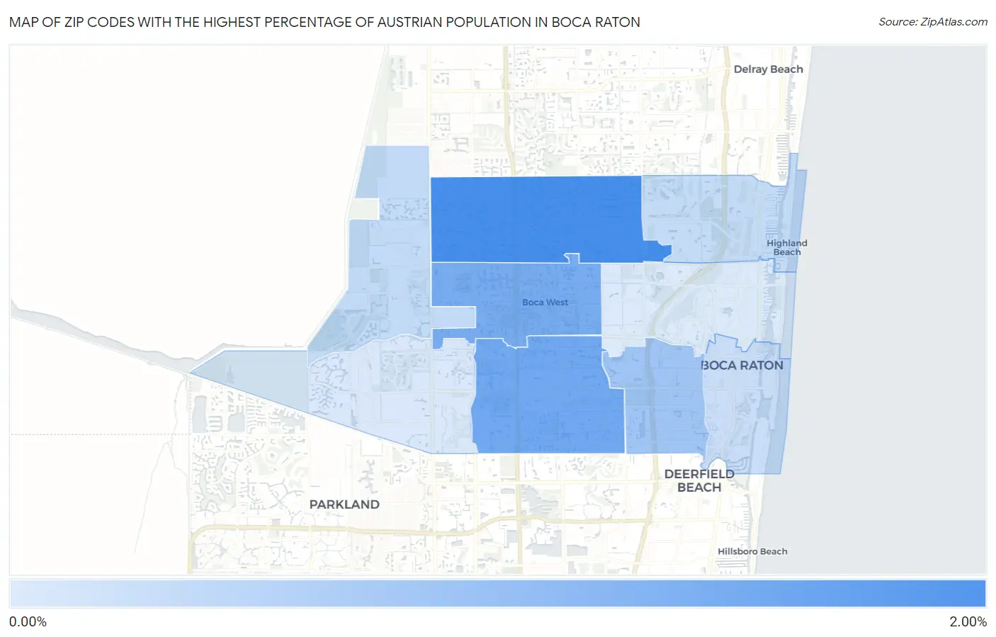 Zip Codes with the Highest Percentage of Austrian Population in Boca Raton Map