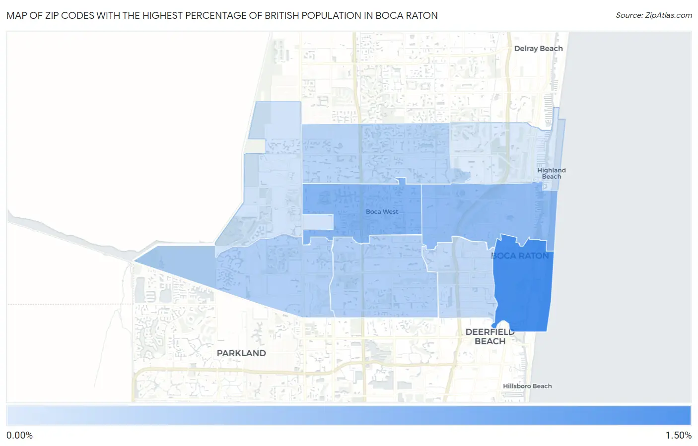 Zip Codes with the Highest Percentage of British Population in Boca Raton Map
