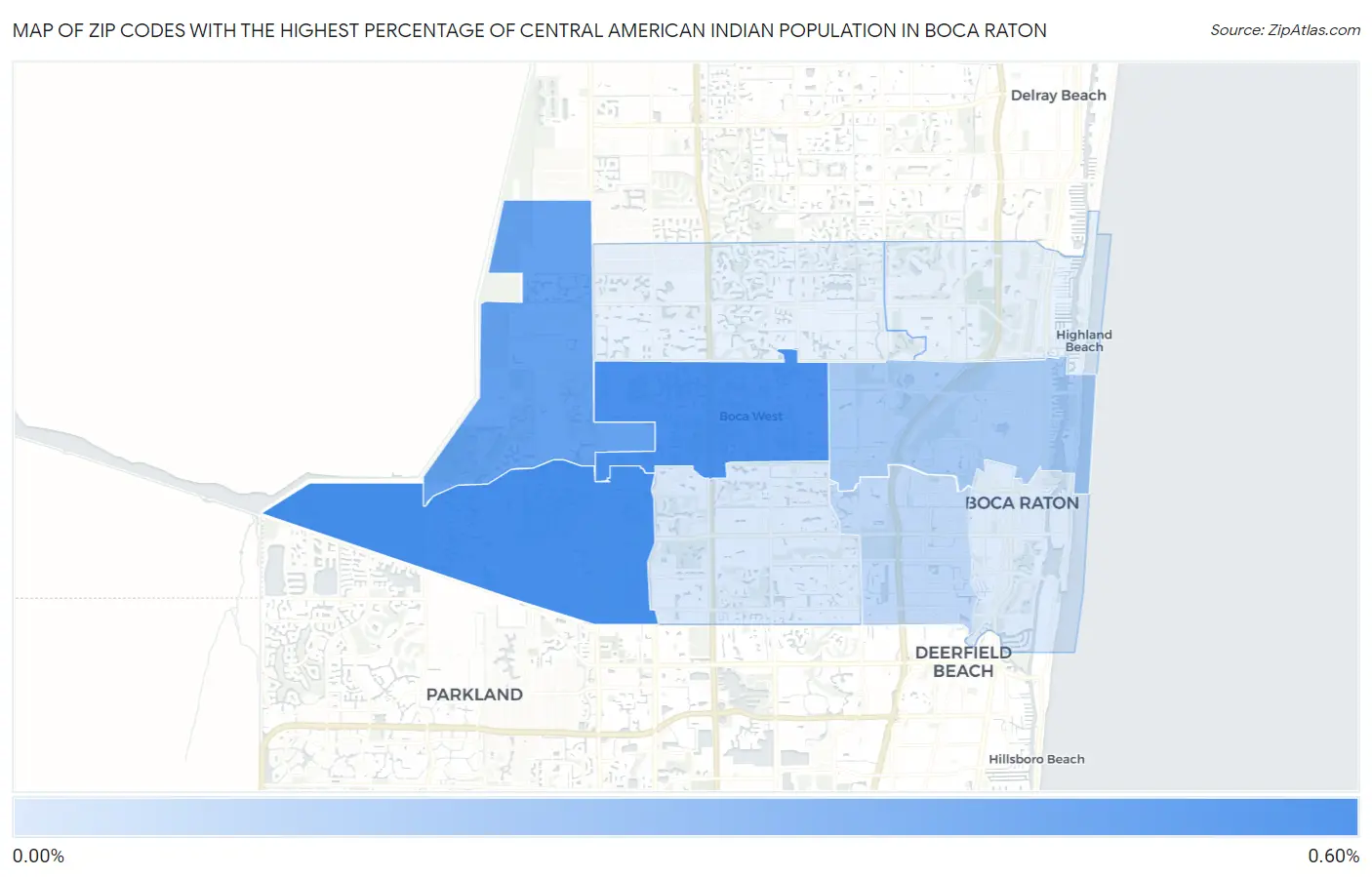 Zip Codes with the Highest Percentage of Central American Indian Population in Boca Raton Map