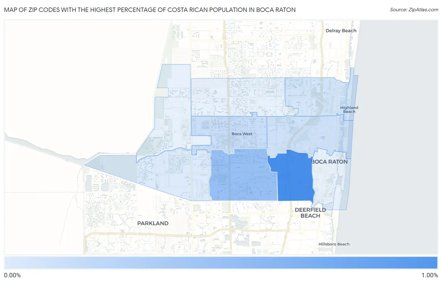 Zip Codes with the Highest Percentage of Costa Rican Population in Boca Raton Map