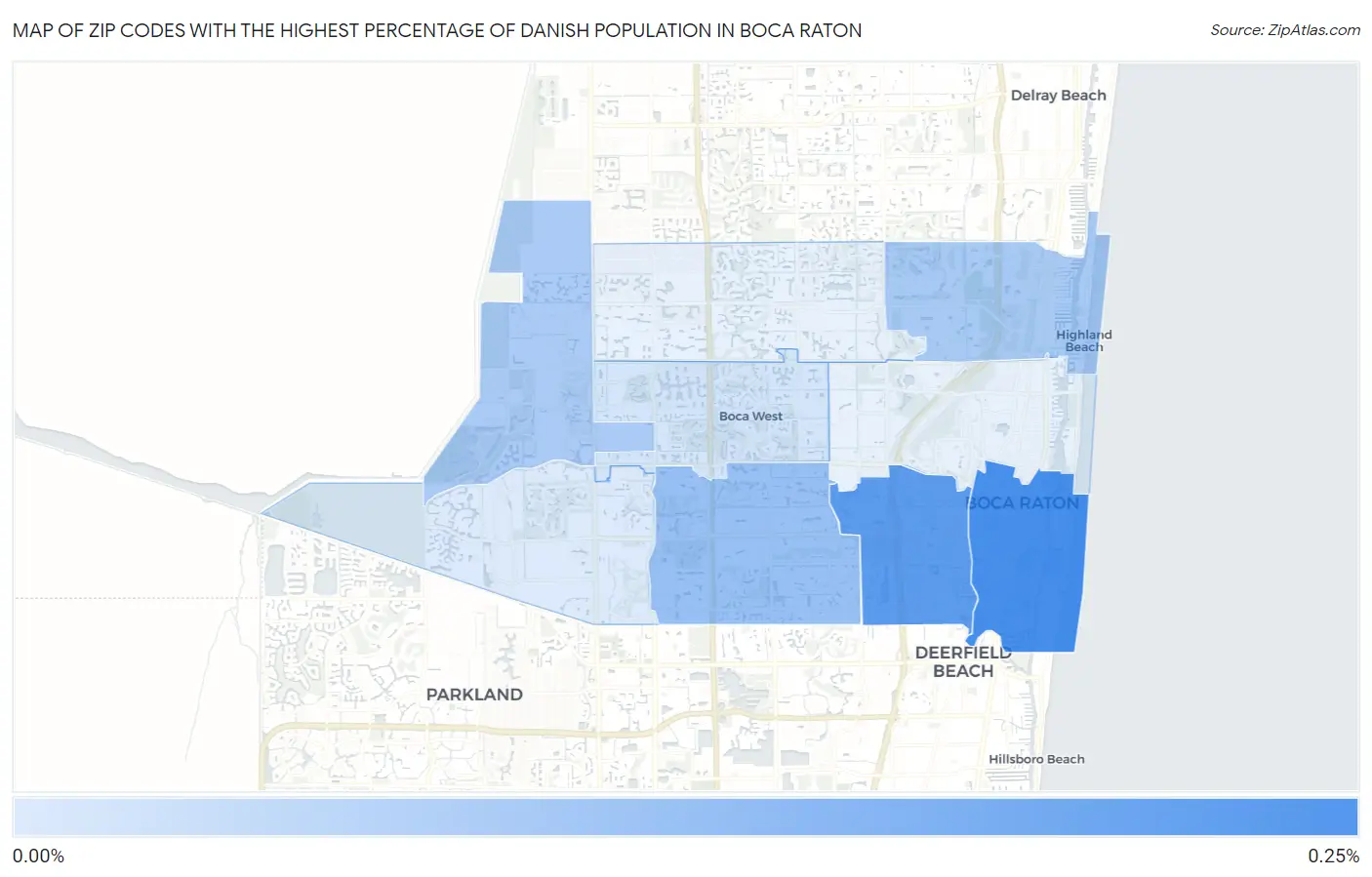 Zip Codes with the Highest Percentage of Danish Population in Boca Raton Map