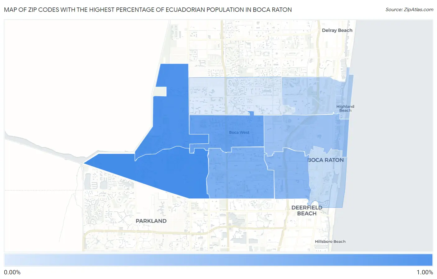 Zip Codes with the Highest Percentage of Ecuadorian Population in Boca Raton Map