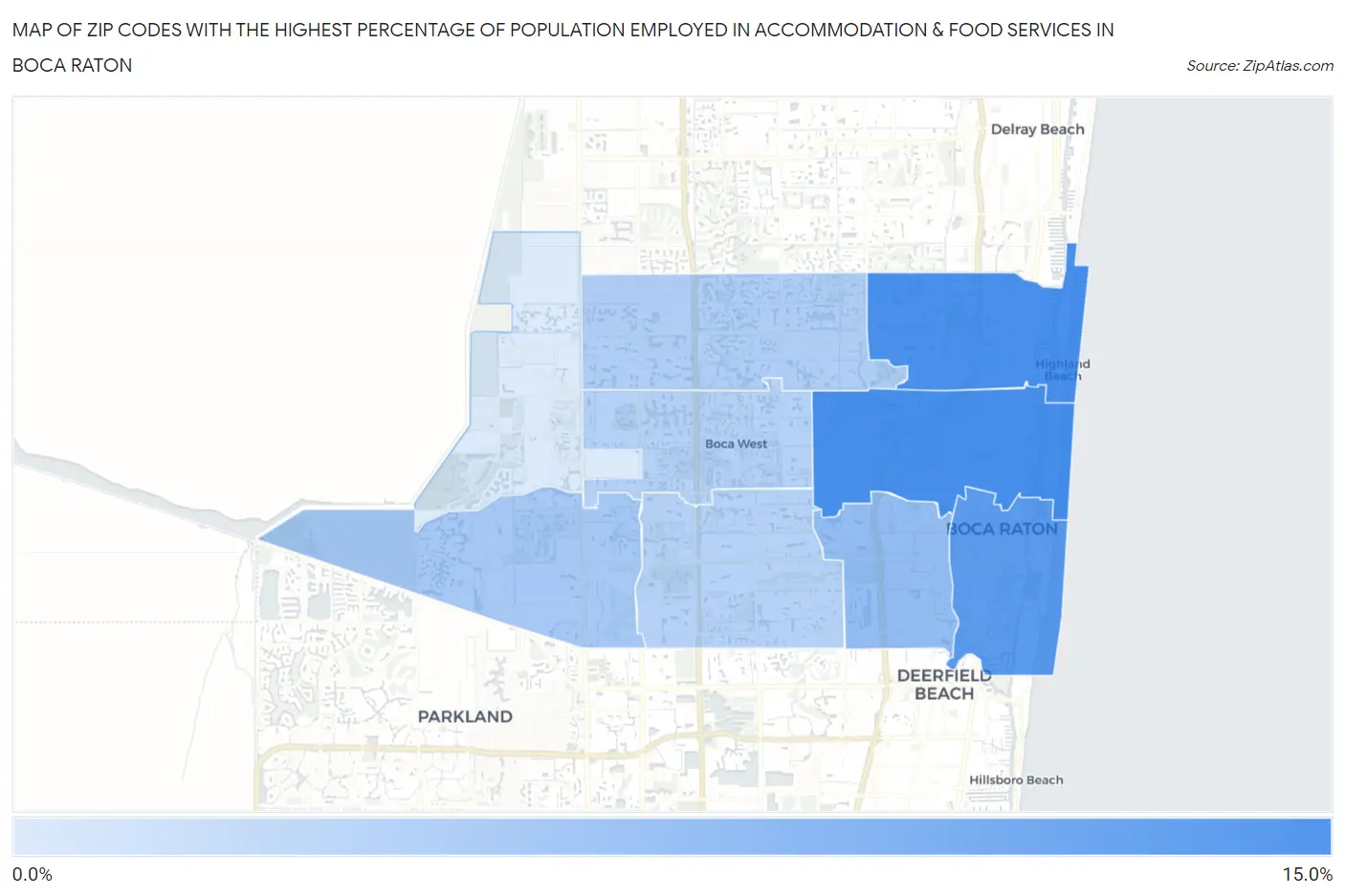 Zip Codes with the Highest Percentage of Population Employed in Accommodation & Food Services in Boca Raton Map