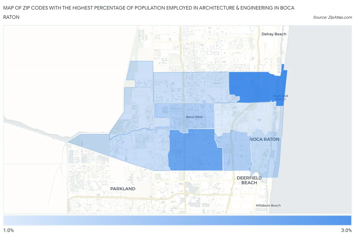 Zip Codes with the Highest Percentage of Population Employed in Architecture & Engineering in Boca Raton Map