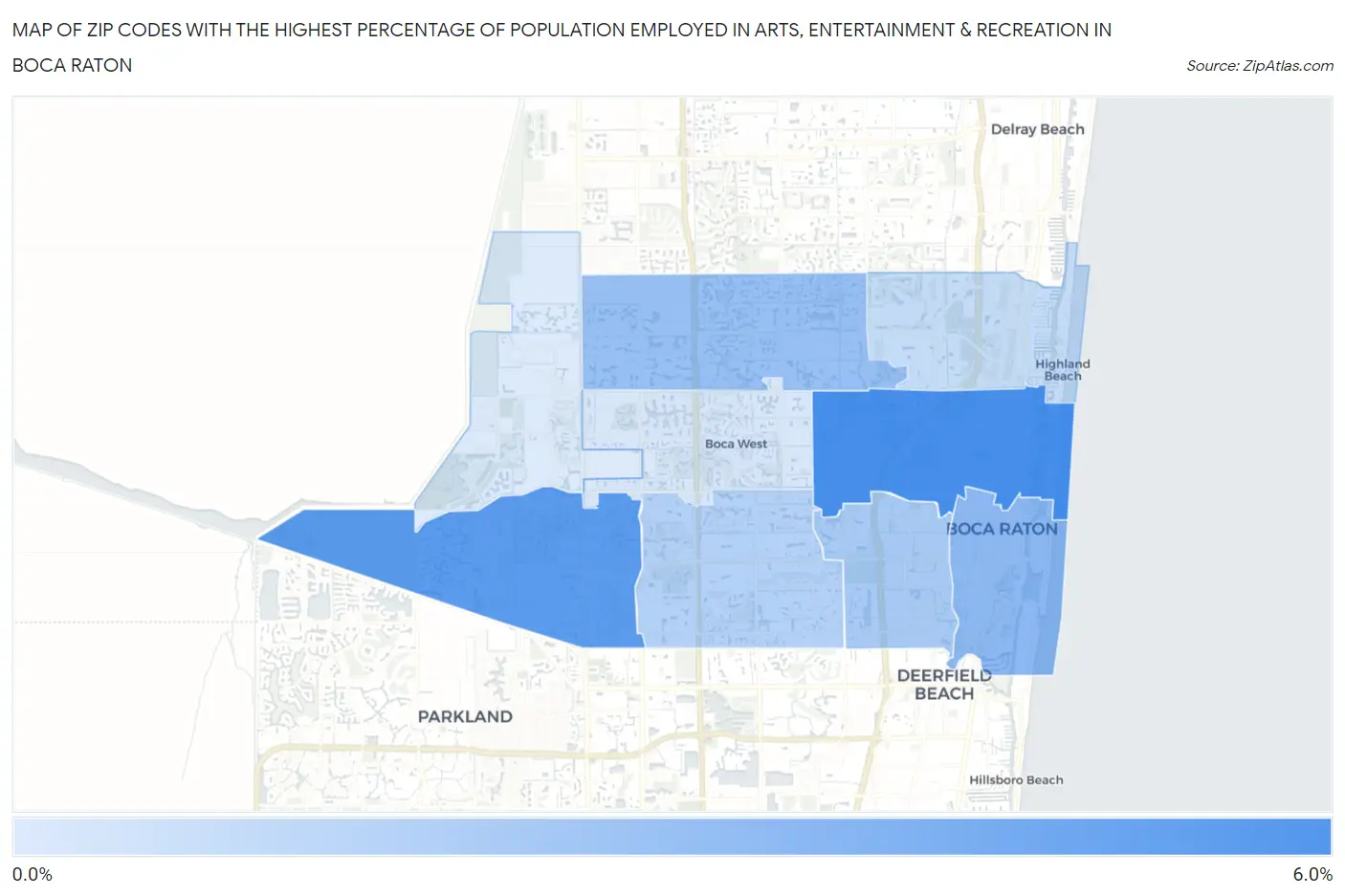 Zip Codes with the Highest Percentage of Population Employed in Arts, Entertainment & Recreation in Boca Raton Map