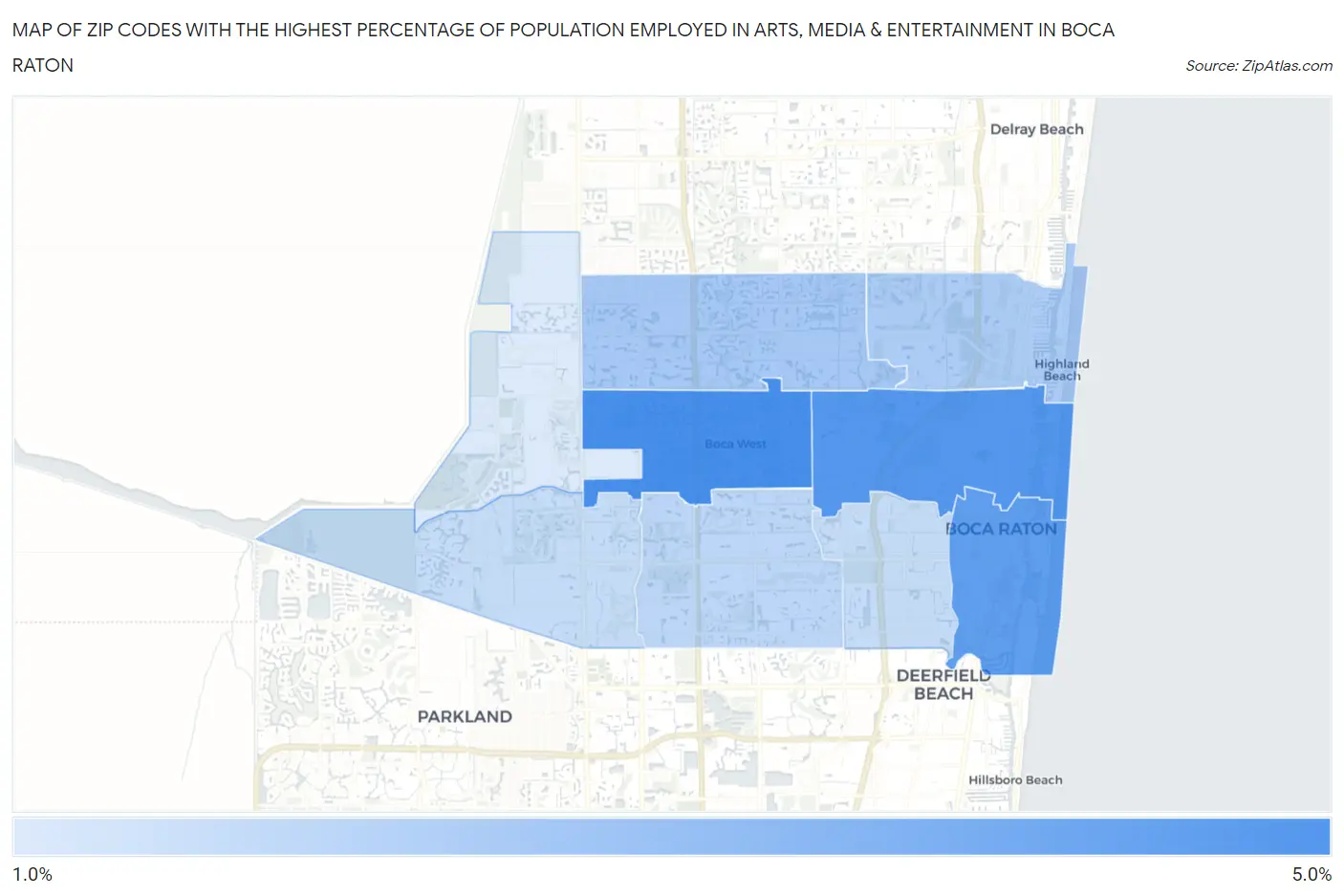 Zip Codes with the Highest Percentage of Population Employed in Arts, Media & Entertainment in Boca Raton Map