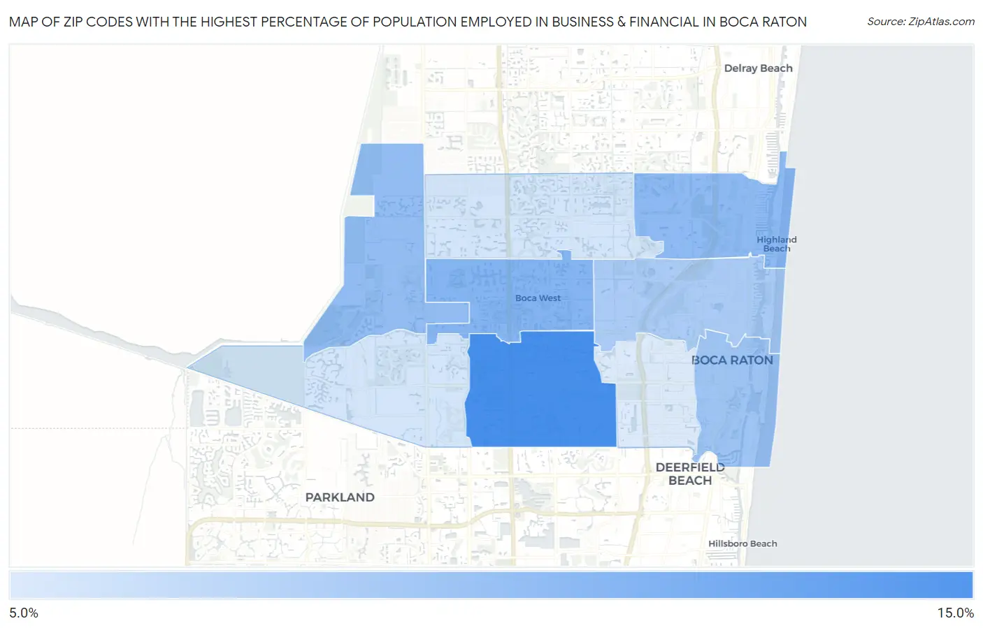 Zip Codes with the Highest Percentage of Population Employed in Business & Financial in Boca Raton Map