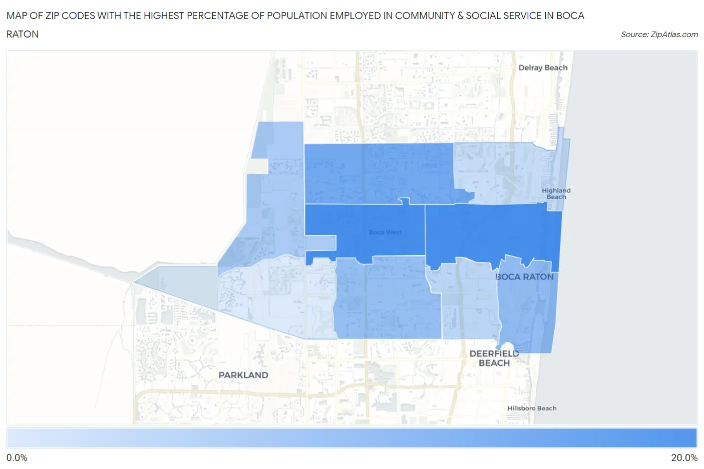 Zip Codes with the Highest Percentage of Population Employed in Community & Social Service  in Boca Raton Map