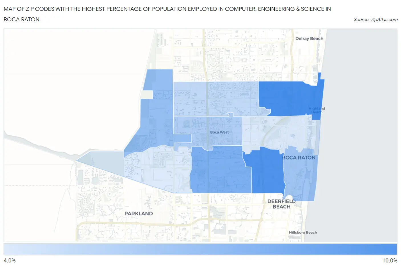 Zip Codes with the Highest Percentage of Population Employed in Computer, Engineering & Science in Boca Raton Map