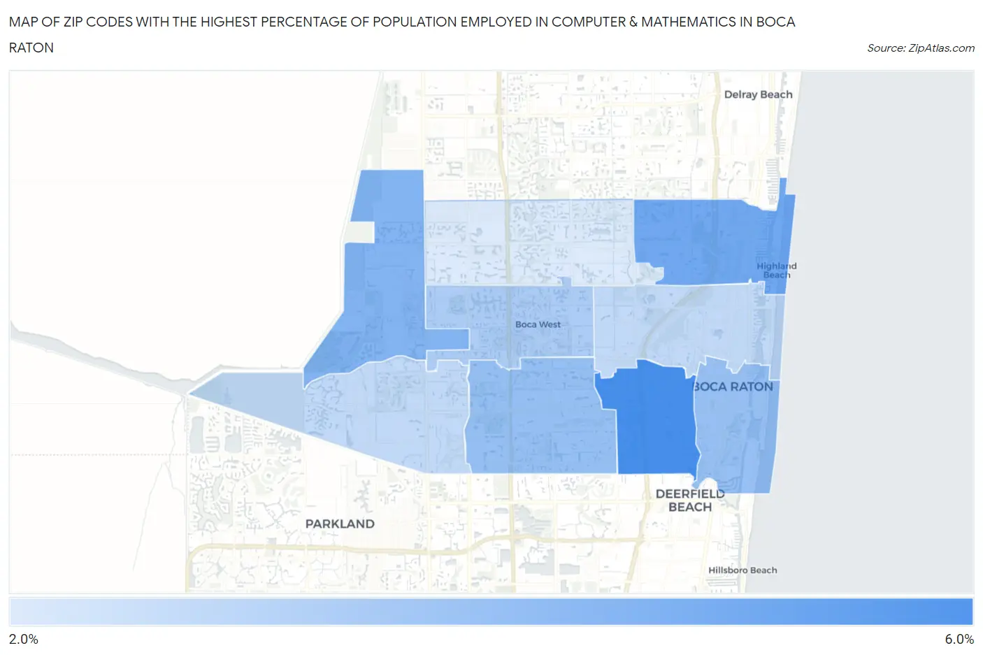 Zip Codes with the Highest Percentage of Population Employed in Computer & Mathematics in Boca Raton Map