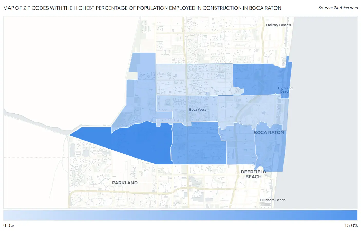 Zip Codes with the Highest Percentage of Population Employed in Construction in Boca Raton Map