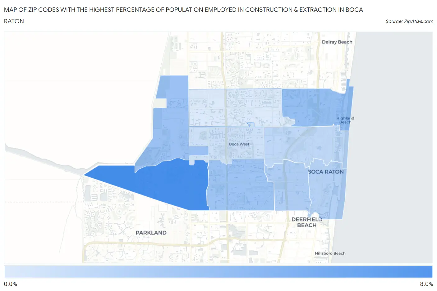 Zip Codes with the Highest Percentage of Population Employed in Construction & Extraction in Boca Raton Map