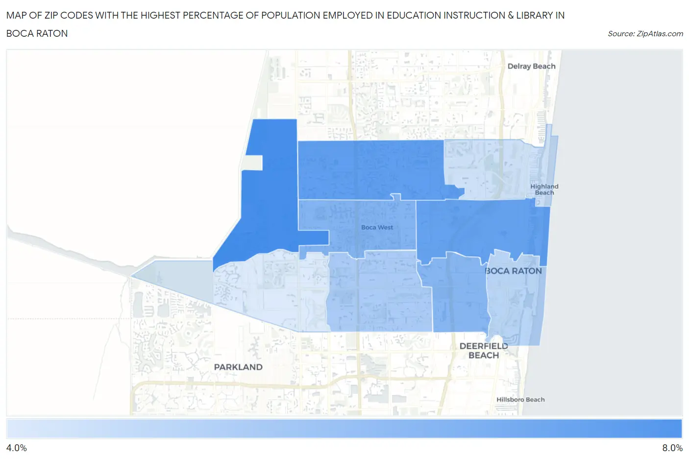 Zip Codes with the Highest Percentage of Population Employed in Education Instruction & Library in Boca Raton Map