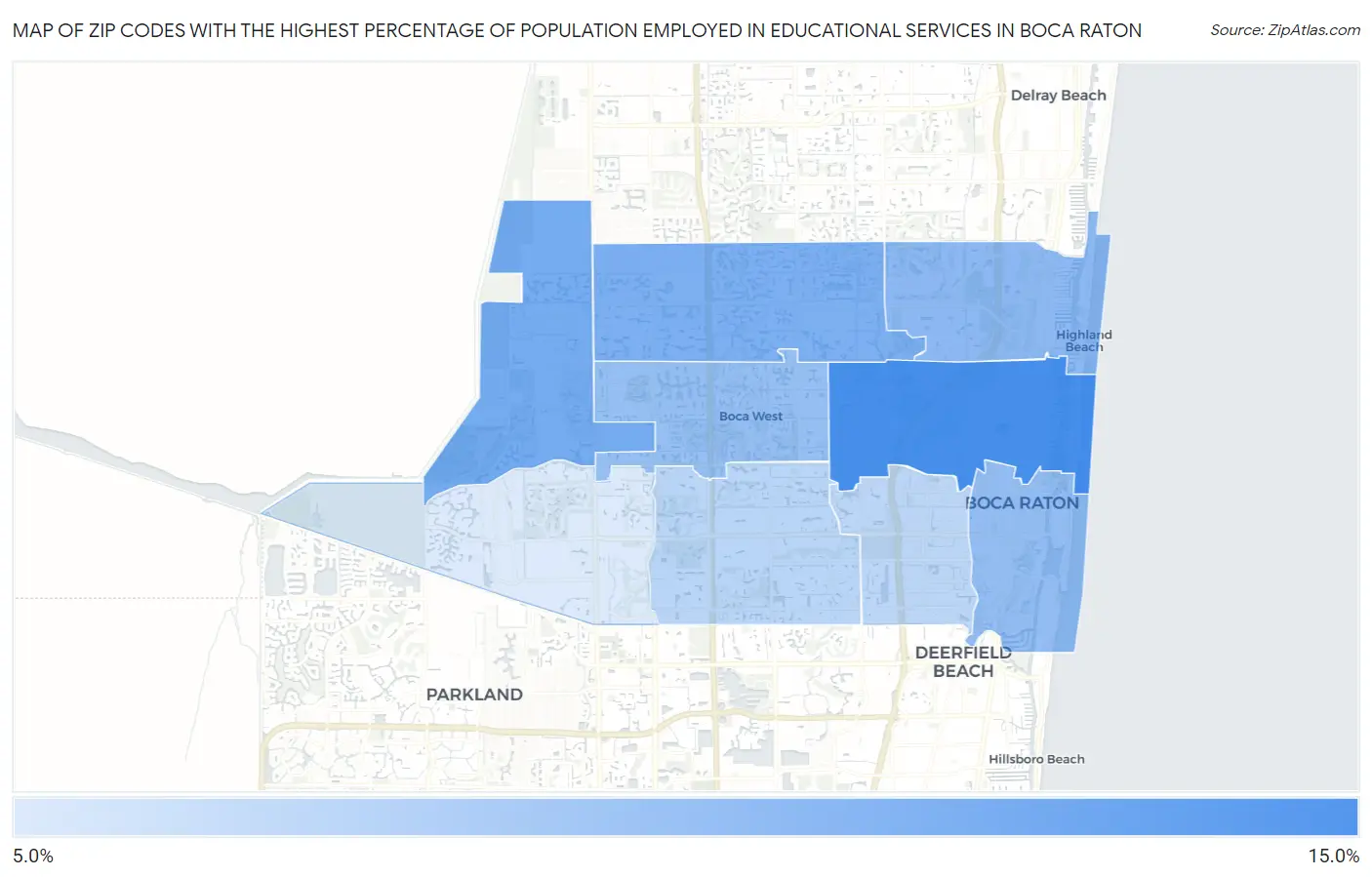 Zip Codes with the Highest Percentage of Population Employed in Educational Services in Boca Raton Map