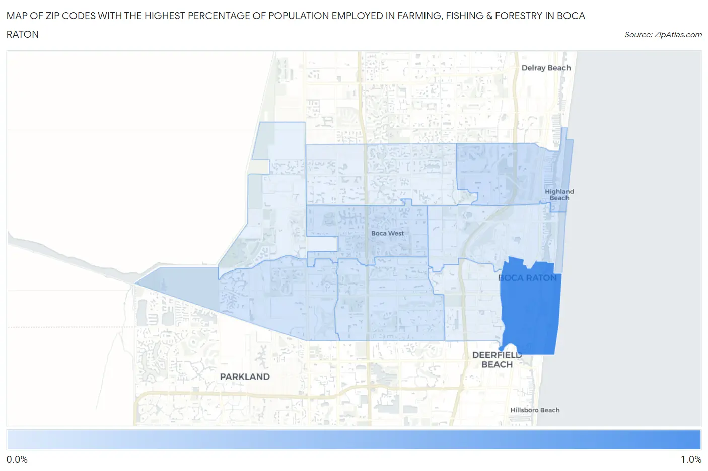 Zip Codes with the Highest Percentage of Population Employed in Farming, Fishing & Forestry in Boca Raton Map
