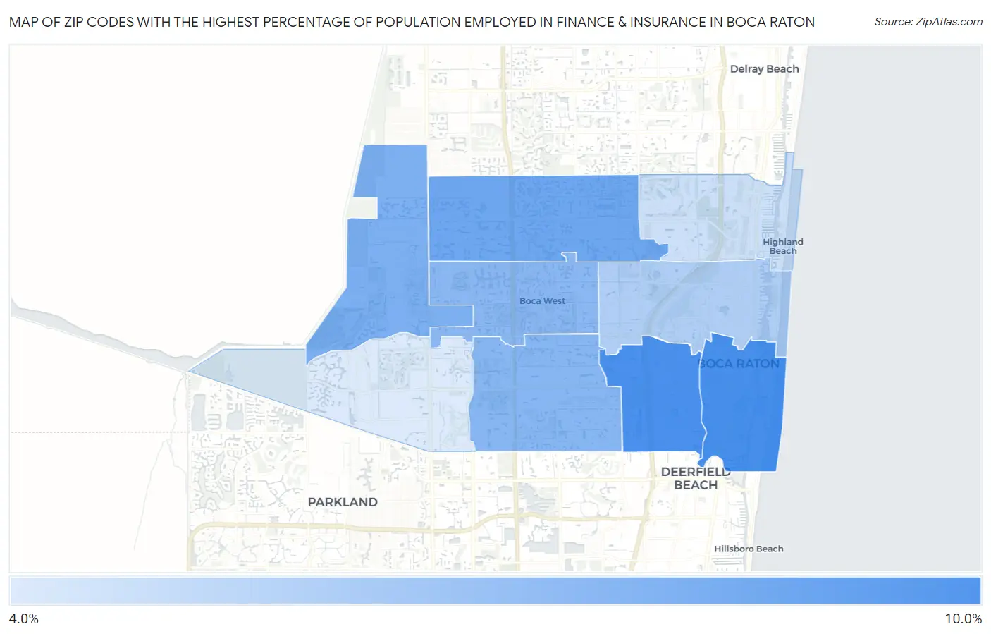 Zip Codes with the Highest Percentage of Population Employed in Finance & Insurance in Boca Raton Map