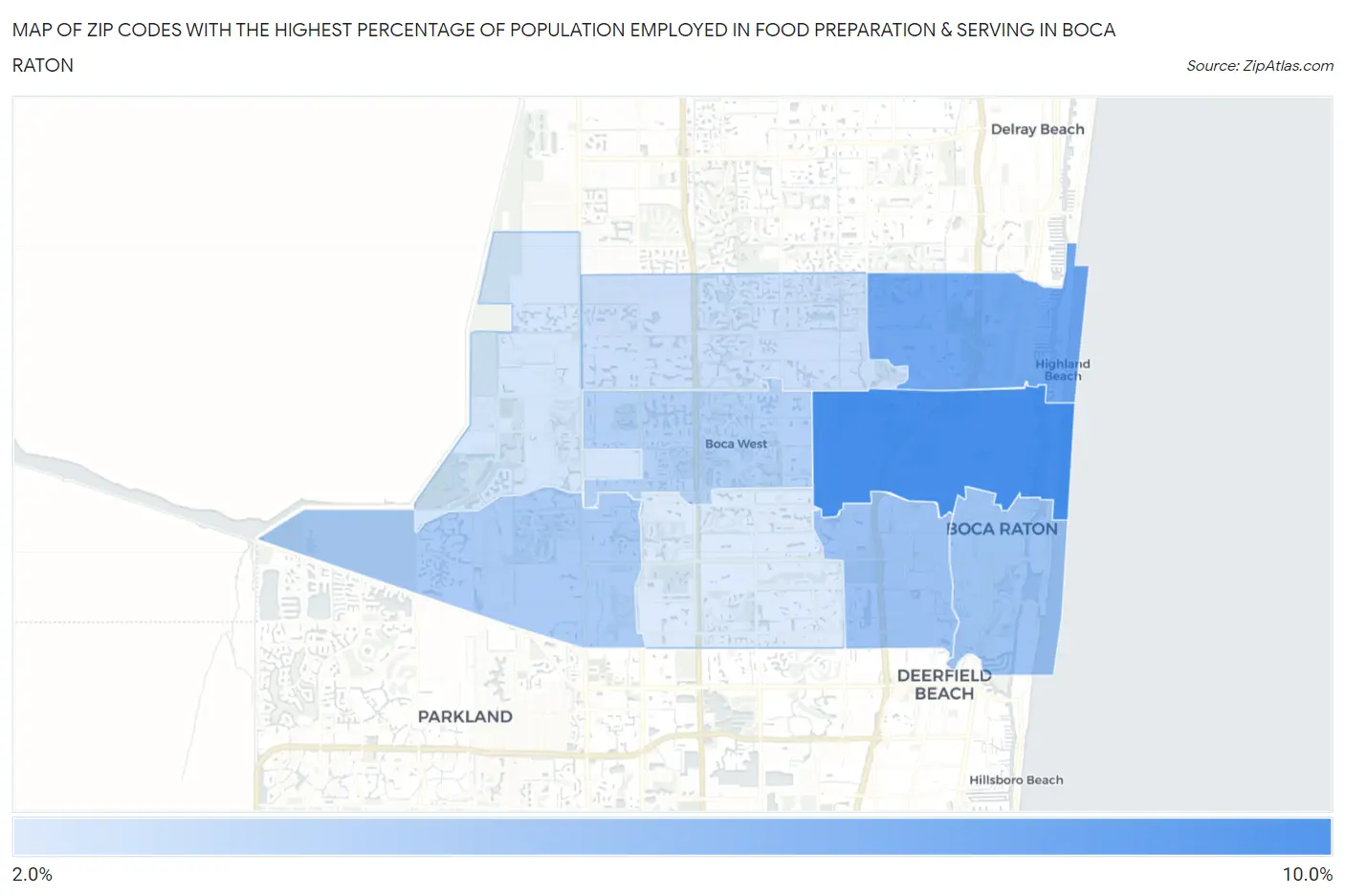 Zip Codes with the Highest Percentage of Population Employed in Food Preparation & Serving in Boca Raton Map