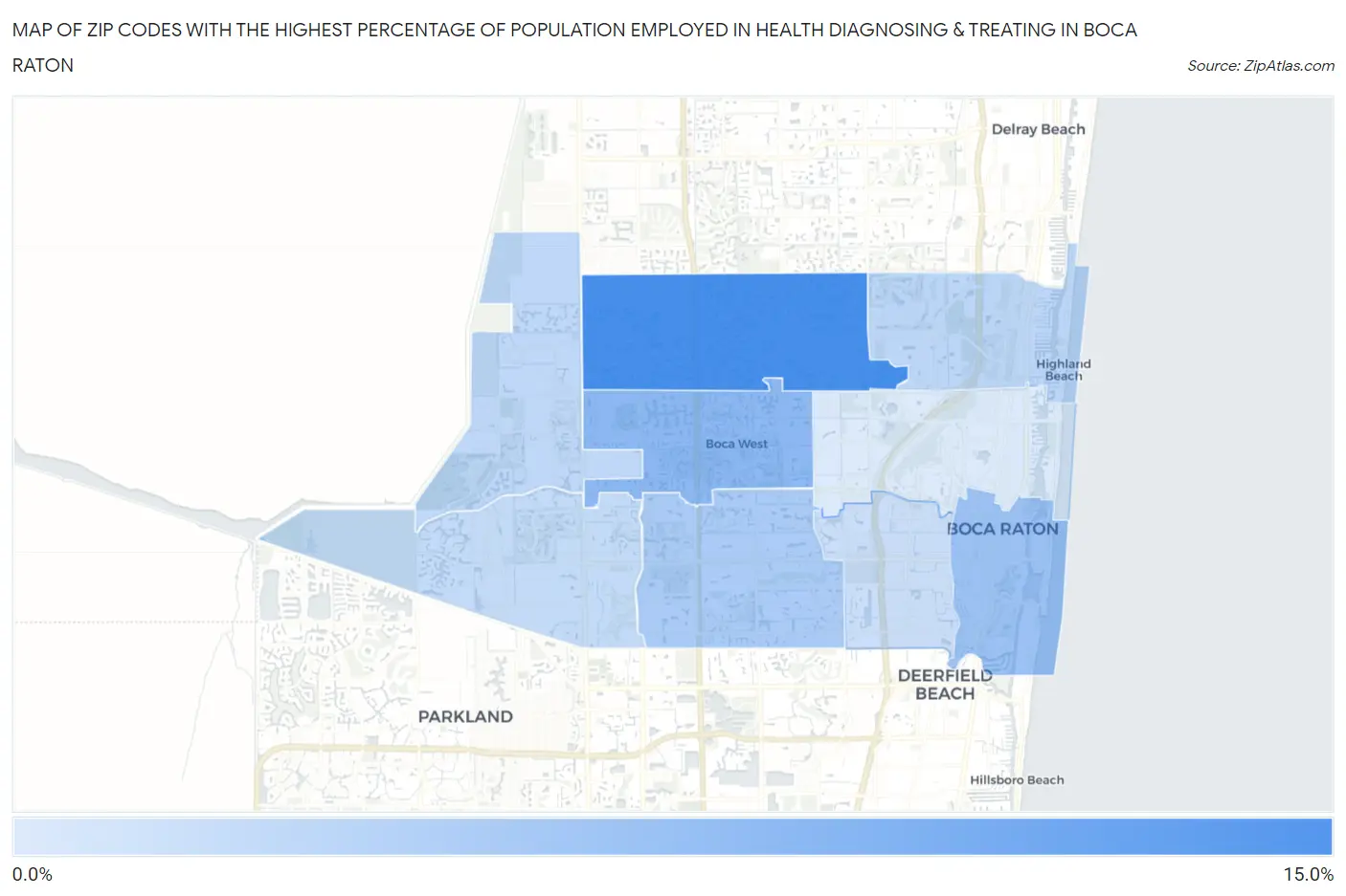 Zip Codes with the Highest Percentage of Population Employed in Health Diagnosing & Treating in Boca Raton Map