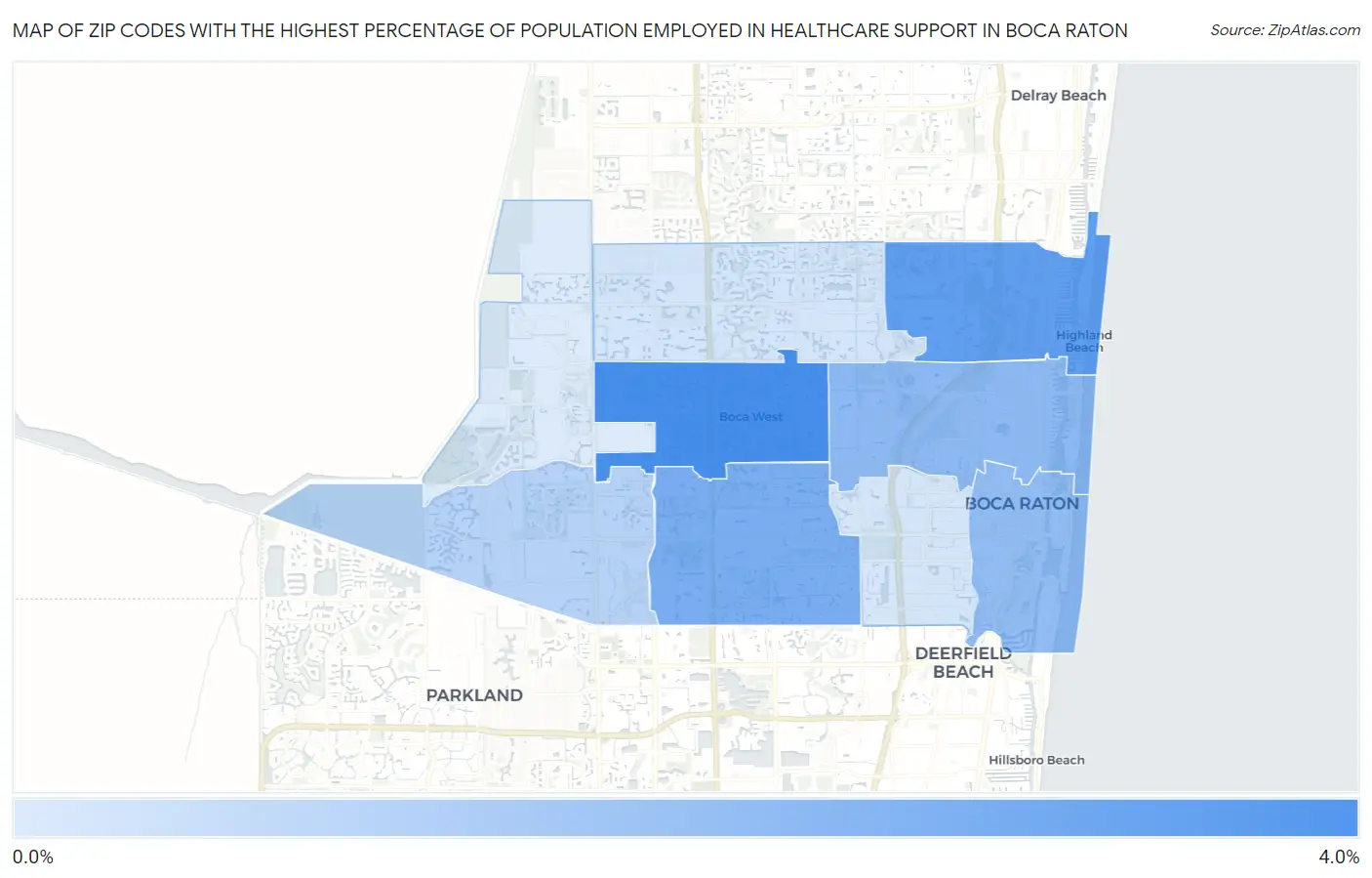 Zip Codes with the Highest Percentage of Population Employed in Healthcare Support in Boca Raton Map