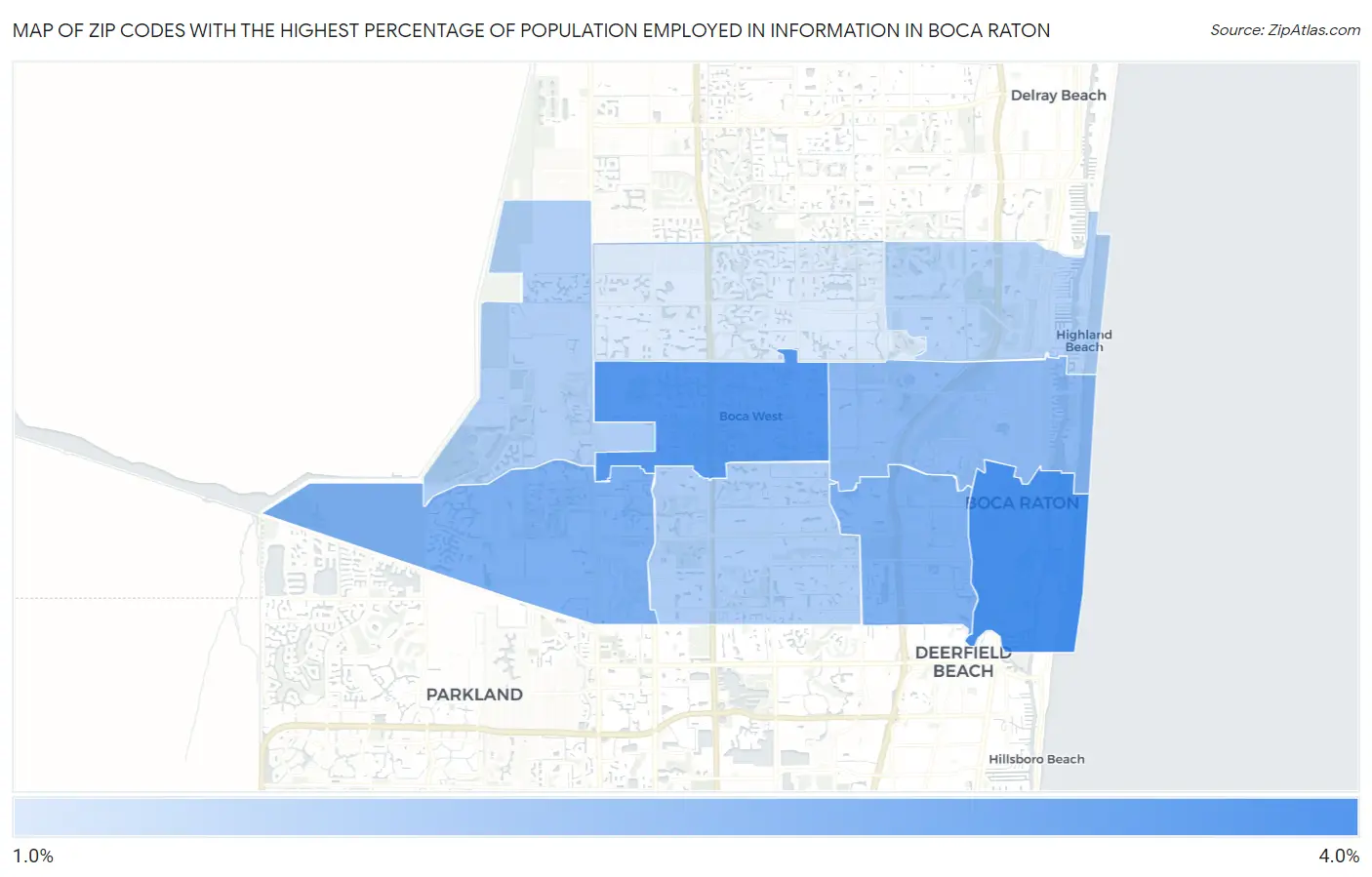 Zip Codes with the Highest Percentage of Population Employed in Information in Boca Raton Map