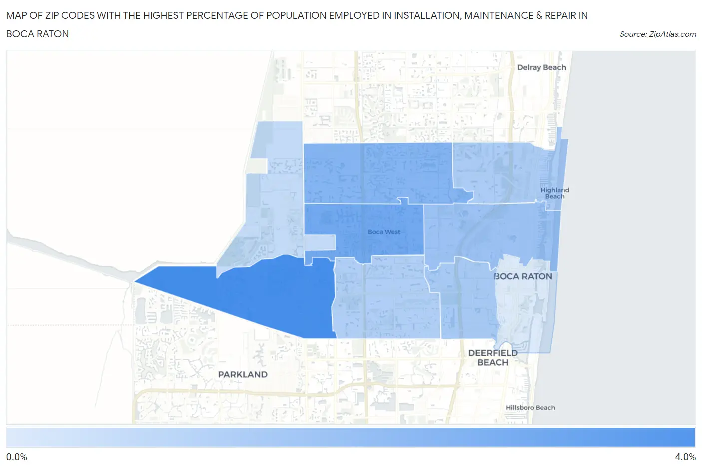 Zip Codes with the Highest Percentage of Population Employed in Installation, Maintenance & Repair in Boca Raton Map